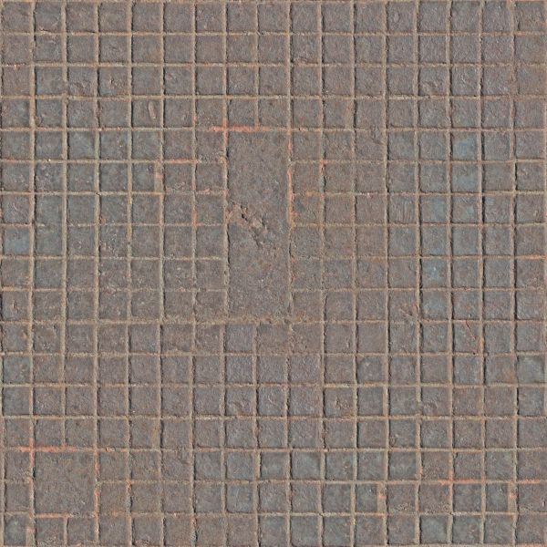 Seamless metal tread texture in dark brown tone with gridded pattern on worn surface.